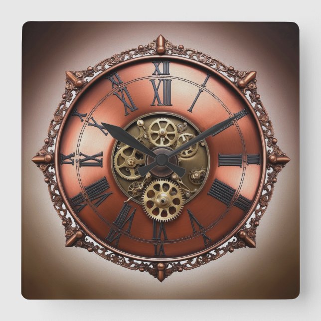 Steampunk Copper Time Face Square Wall Clock (Front)