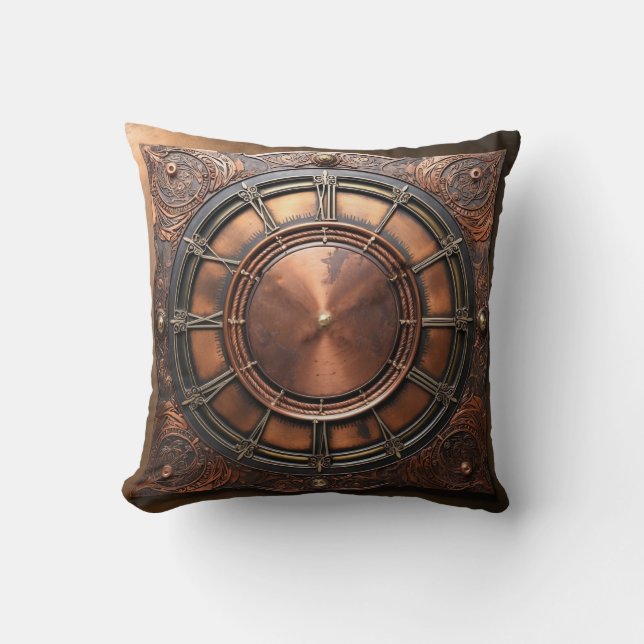 Steampunk Copper Time Face Throw Pillow (Front)
