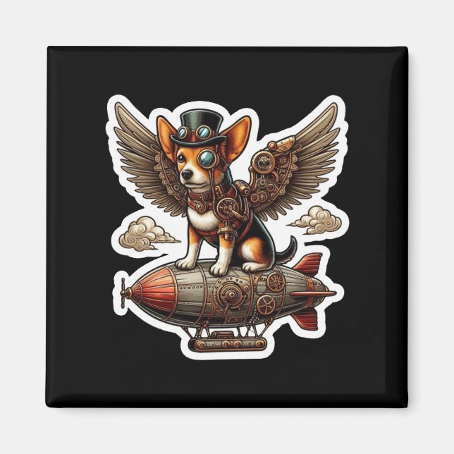 Steampunk Corgi Adventure Sticker - Whimsical Flyi Magnet (Front)