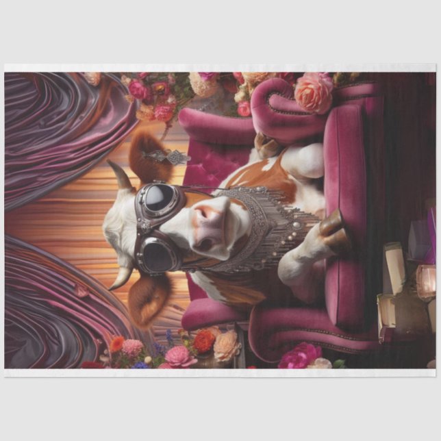 Steampunk Cow Pink Chair Vintage Decoupage  Tissue Paper (Front)