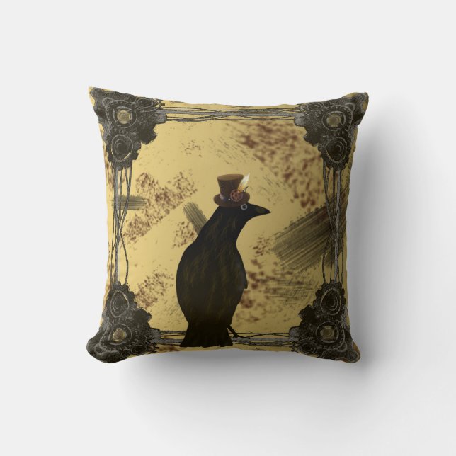 SteamPunk Crow Throw Pillow (Front)