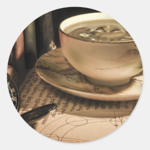 Steampunk Cup of Coffee on Saucer w/ Pocket Watch Classic Round Sticker
