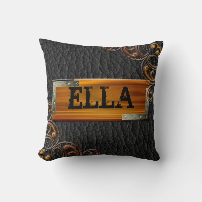 Steampunk Customize Leather Nameplate Throw Pillow (Front)