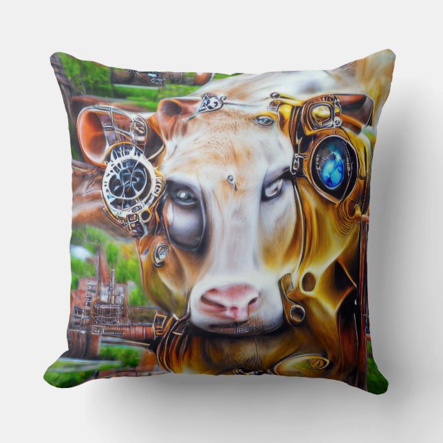 Steampunk Cyber Cow Throw Pillow (Front)