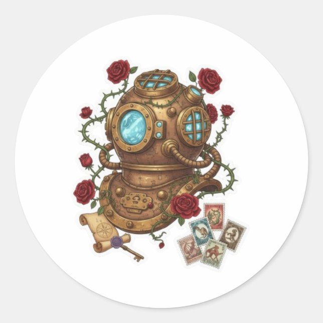 Steampunk Deep Sea Diver Helmet Fantasy Illustrati Classic Round Sticker (Front)