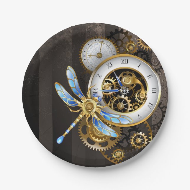 Steampunk Dials with Dragonfly Paper Plate (Front)