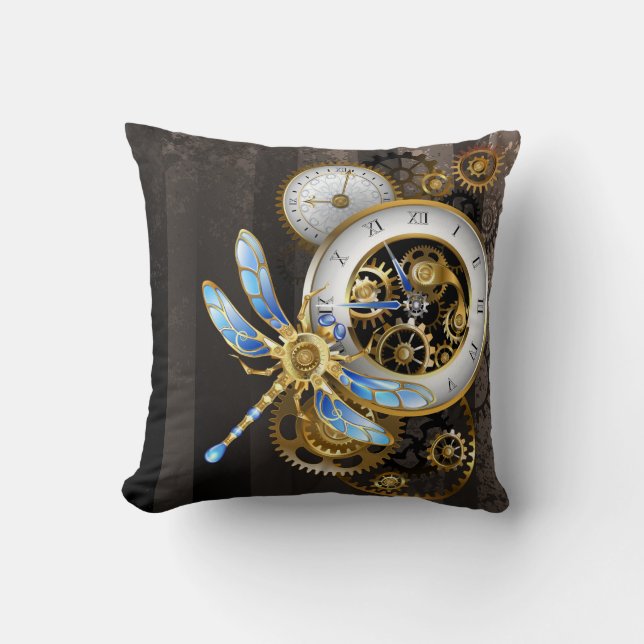 Steampunk Dials with Dragonfly Throw Pillow (Front)
