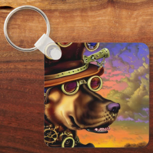 Steampunk Digital Art Dog Portrait Keychain