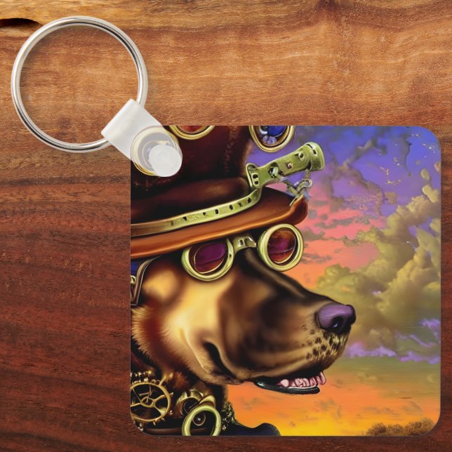 Steampunk Digital Art Dog Portrait   Keychain (Front)