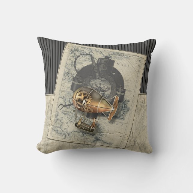 Steampunk Dirigible Balloon Ride Throw Pillow (Front)