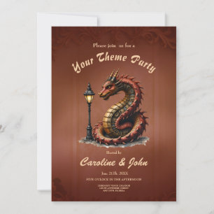 Steampunk Dragon next to a vintage street lamp.  Invitation