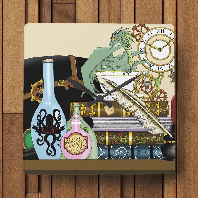 Steampunk Dragon Potions Books Square Wall Clock (Creator Uploaded)