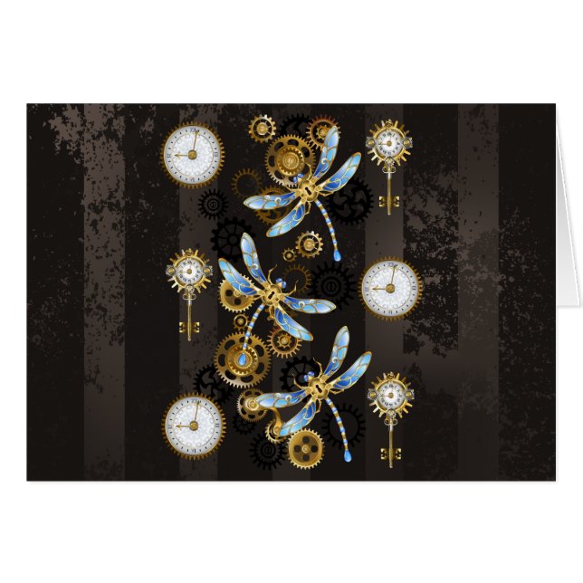 Steampunk Dragonflies on brown striped background (Front Horizontal)