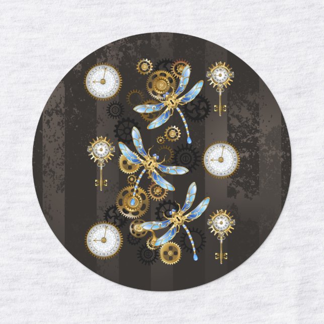 Steampunk Dragonflies on brown striped background (Design 1)