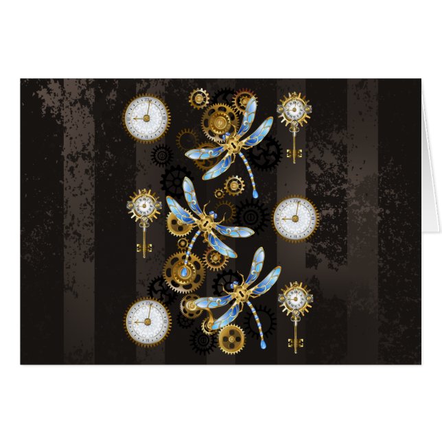 Steampunk Dragonflies on brown striped background (Front Horizontal)