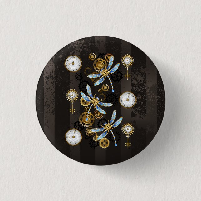 Steampunk Dragonflies on brown striped background 1 Inch Round Button (Front)