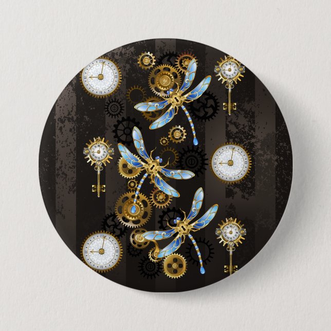 Steampunk Dragonflies on brown striped background 3 Inch Round Button (Front)