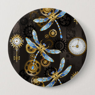 Steampunk Dragonflies on brown striped background 4 Inch Round Button