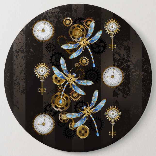 Steampunk Dragonflies on brown striped background 6 Inch Round Button (Front)