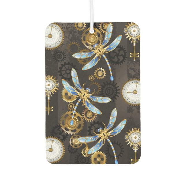 Steampunk Dragonflies on brown striped background Air Freshener (Front)