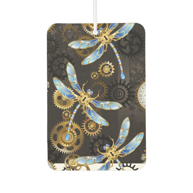 Steampunk Dragonflies on brown striped background Air Freshener (Front)