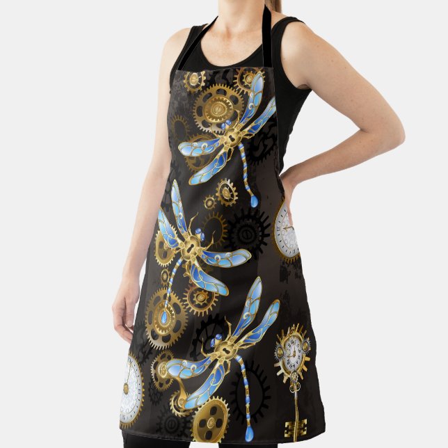 Steampunk Dragonflies on brown striped background Apron (Insitu)