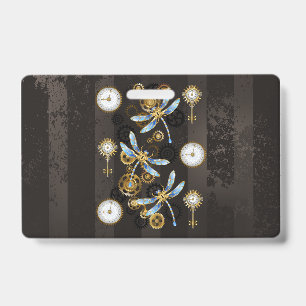 Steampunk Dragonflies on brown striped background Badge
