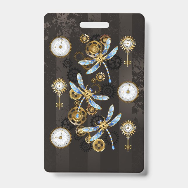 Steampunk Dragonflies on brown striped background Badge (Front)