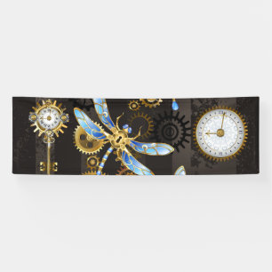 Steampunk Dragonflies on brown striped background Banner