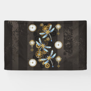 Steampunk Dragonflies on brown striped background Banner