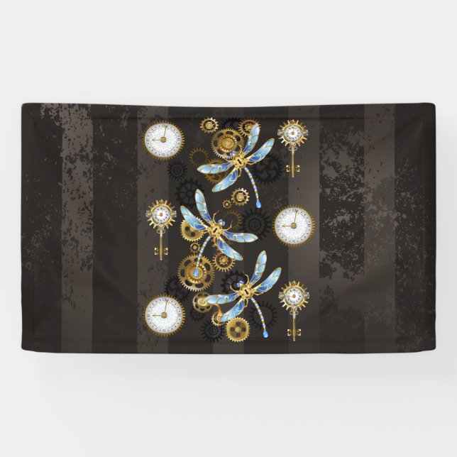 Steampunk Dragonflies on brown striped background Banner (Horizontal)