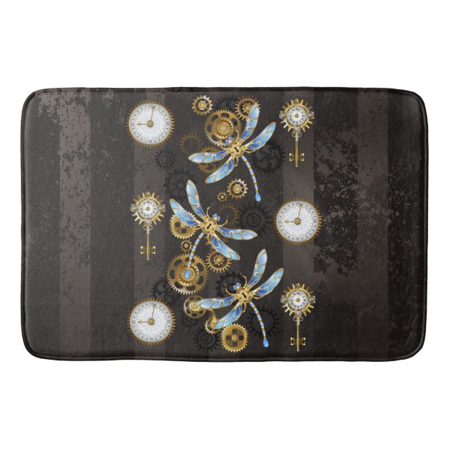 Steampunk Dragonflies on brown striped background Bath Mat (Front)