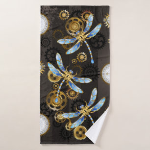 Steampunk Dragonflies on brown striped background Bath Towel