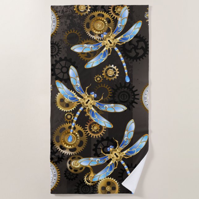 Steampunk Dragonflies on brown striped background Beach Towel (Front)