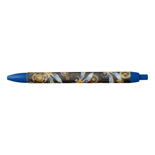 Steampunk Dragonflies on brown striped background Black Ink Pen (Front)