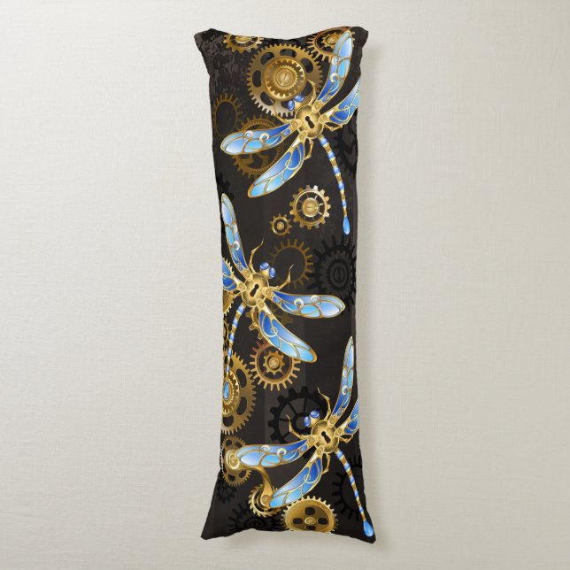 Steampunk Dragonflies on brown striped background Body Pillow (Front Vertical)