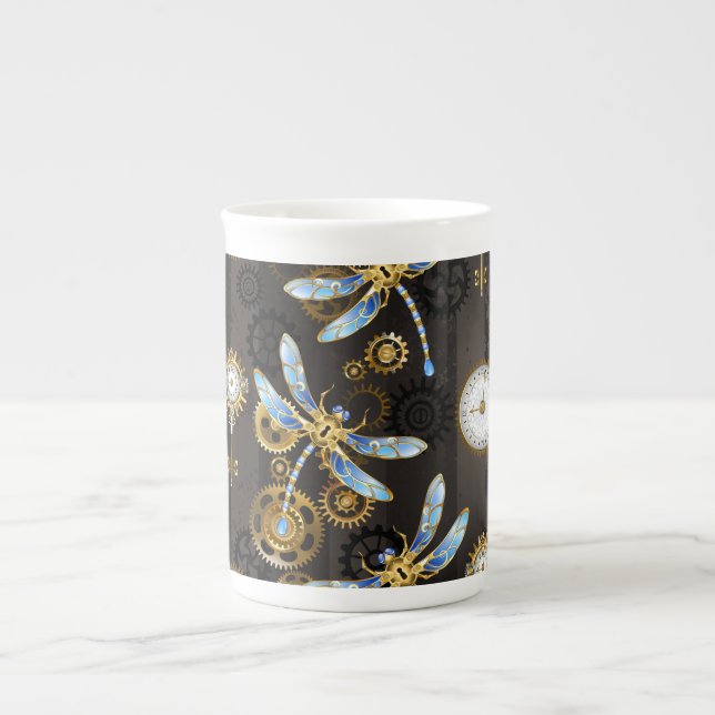 Steampunk Dragonflies on brown striped background Bone China Mug (Front)