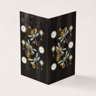 Steampunk Dragonflies on brown striped background Business Card