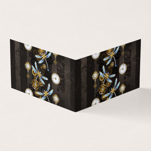 Steampunk Dragonflies on brown striped background Business Card (Outside)