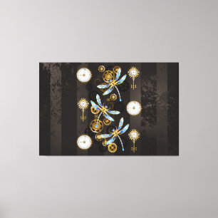 Steampunk Dragonflies on brown striped background Canvas Print