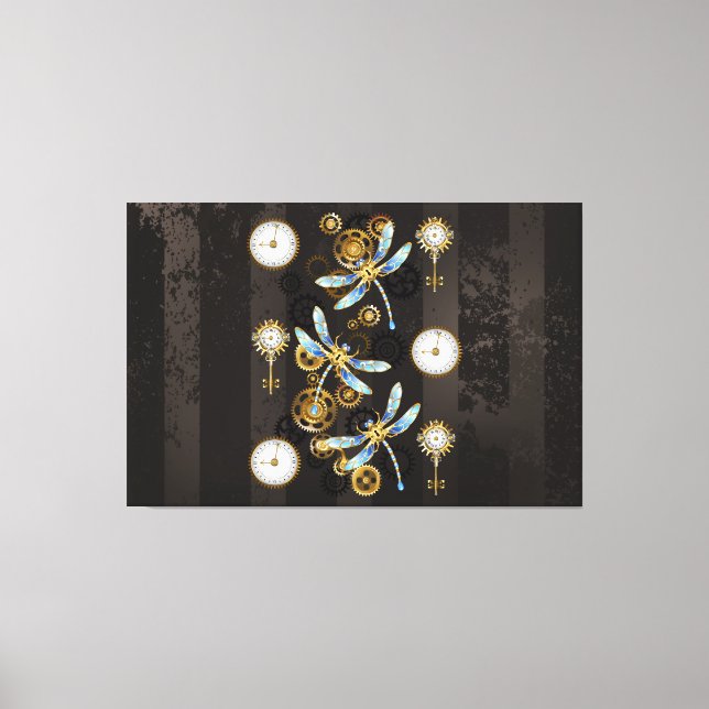 Steampunk Dragonflies on brown striped background Canvas Print (Front)