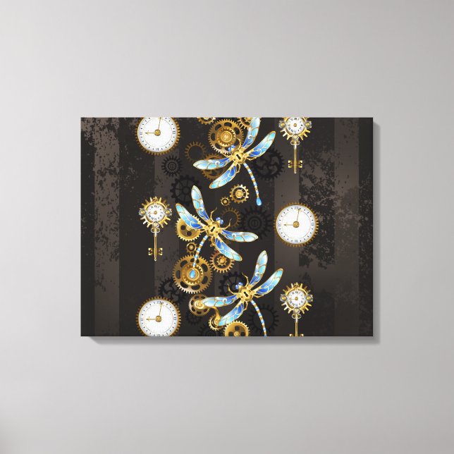 Steampunk Dragonflies on brown striped background Canvas Print (Front)