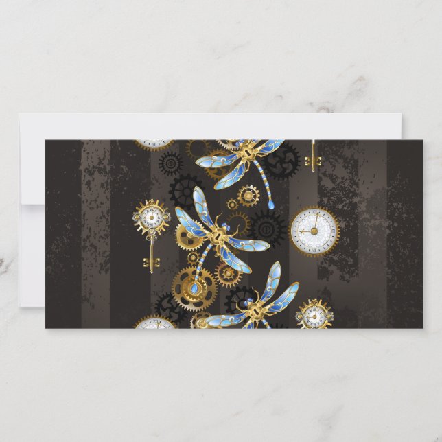 Steampunk Dragonflies on brown striped background Card (Front)