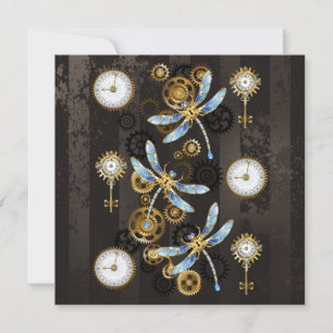 Steampunk Dragonflies on brown striped background Card