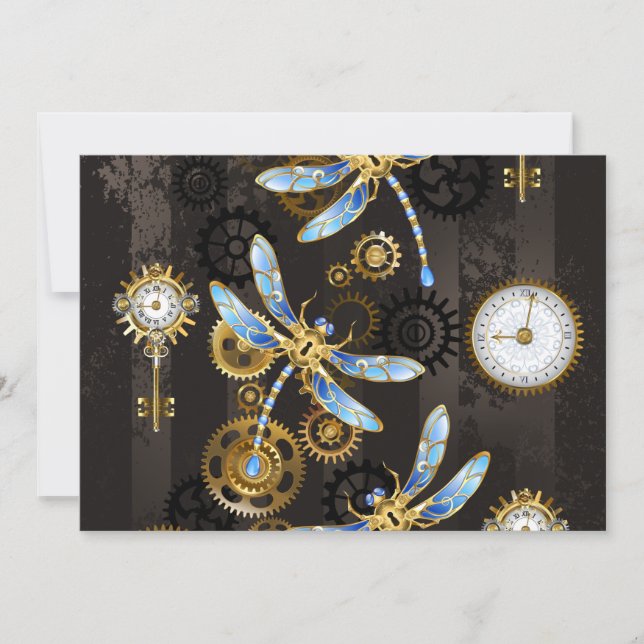Steampunk Dragonflies on brown striped background Card (Front)