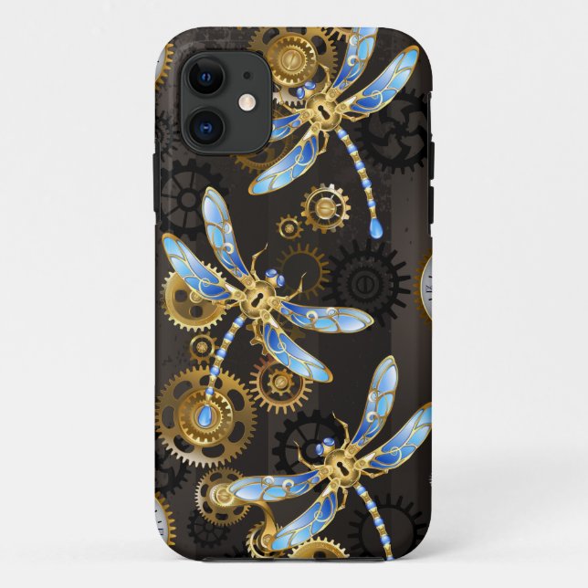 Steampunk Dragonflies on brown striped background Case-Mate iPhone Case (Back)