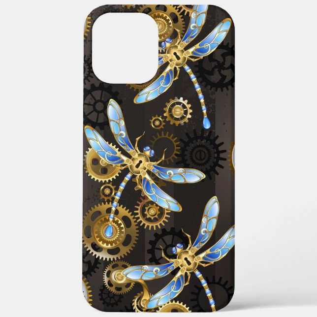 Steampunk Dragonflies on brown striped background Case-Mate iPhone Case (Back)