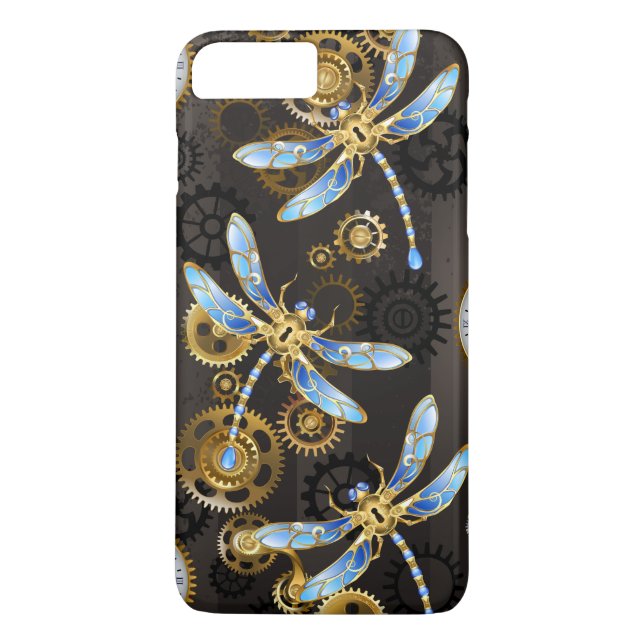Steampunk Dragonflies on brown striped background Case-Mate iPhone Case (Back)