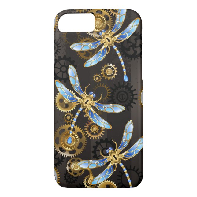 Steampunk Dragonflies on brown striped background Case-Mate iPhone Case (Back)