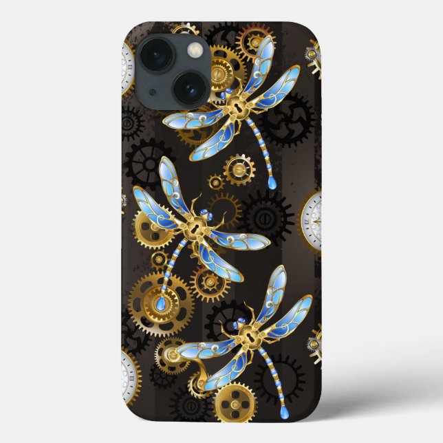 Steampunk Dragonflies on brown striped background Case-Mate iPhone Case (Back)